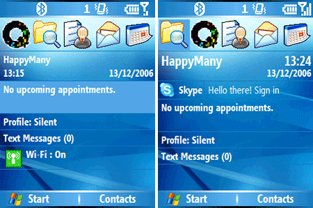 L'écran d'accueil de mon Qtek 8310 avant et après l'installation de Skype 2.2 beta