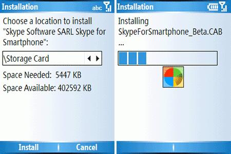 Emplacement et progression de l'installation de Skype 2.2 beta pour smartphones